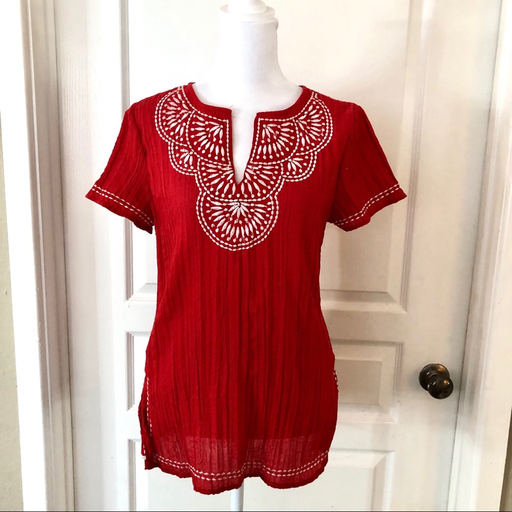 Cato red blouse with embroidered neckline